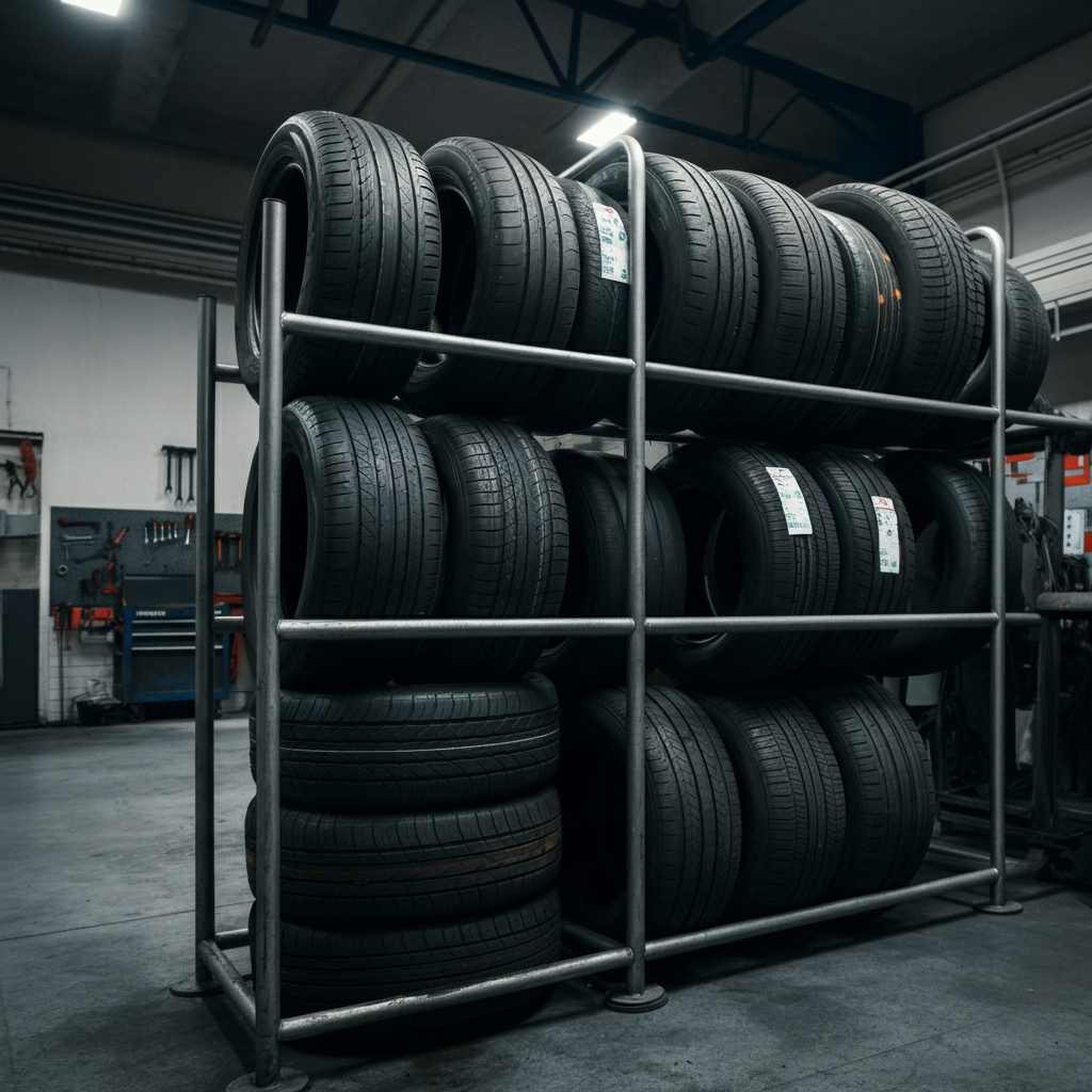 Tyres part worn benefit Hull - tyres on a rack in garage