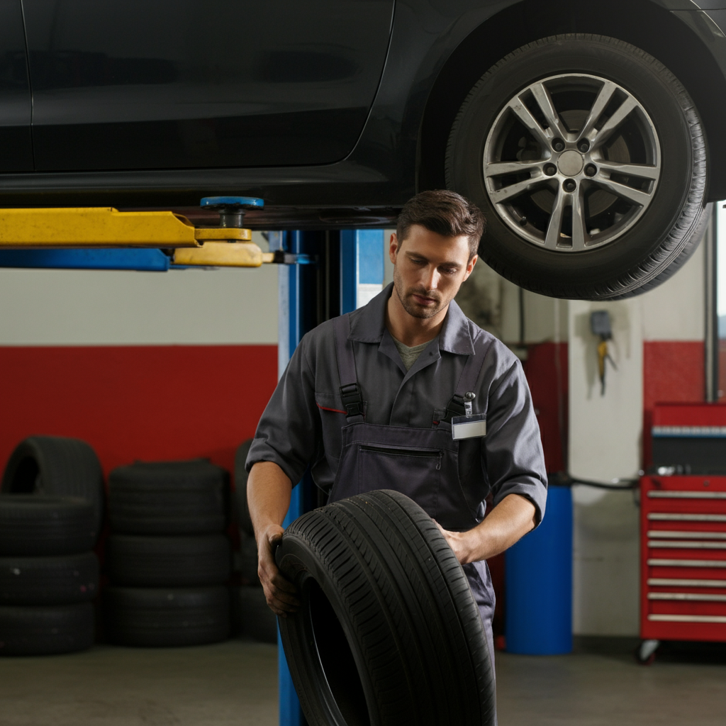 Mechanic checking tyres in garage