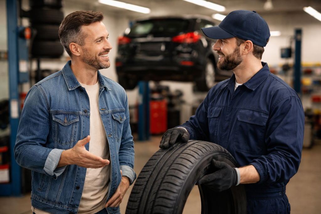 Man with mechanic discussing part worn tyres in hull garage