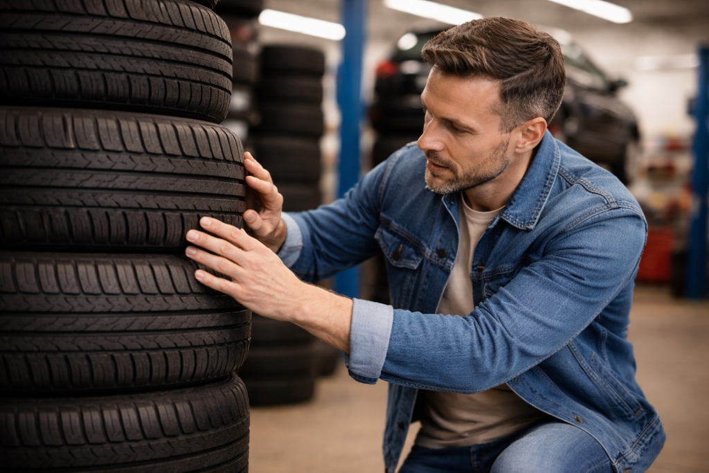 Man inspecting part worn tyres in a garage in hull